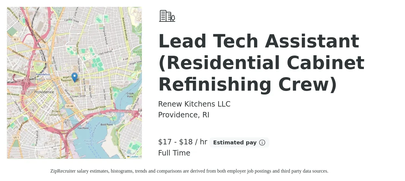 Renew Kitchens LLC job posting for a Lead Tech Assistant (Residential Cabinet Refinishing Crew) in Providence, RI with a salary of $15 to $18 Hourly with a map of Providence location.
