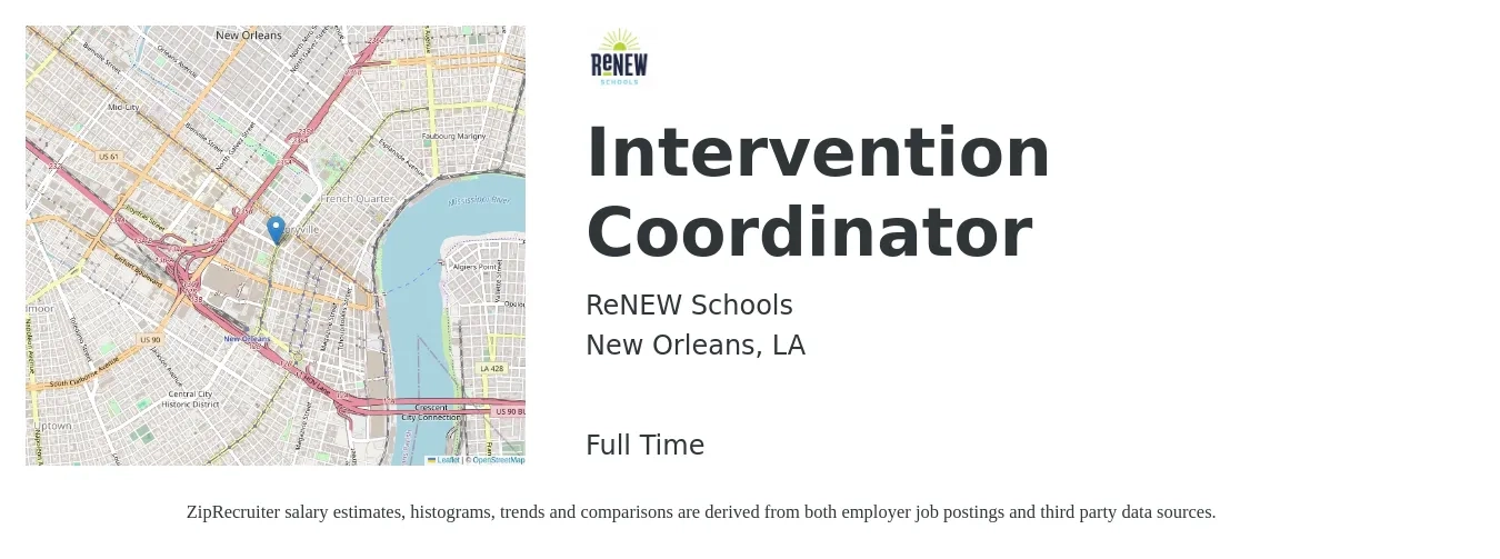 ReNEW Schools job posting for a Intervention Coordinator in New Orleans, LA with a salary of $44,800 to $75,300 Yearly with a map of New Orleans location.