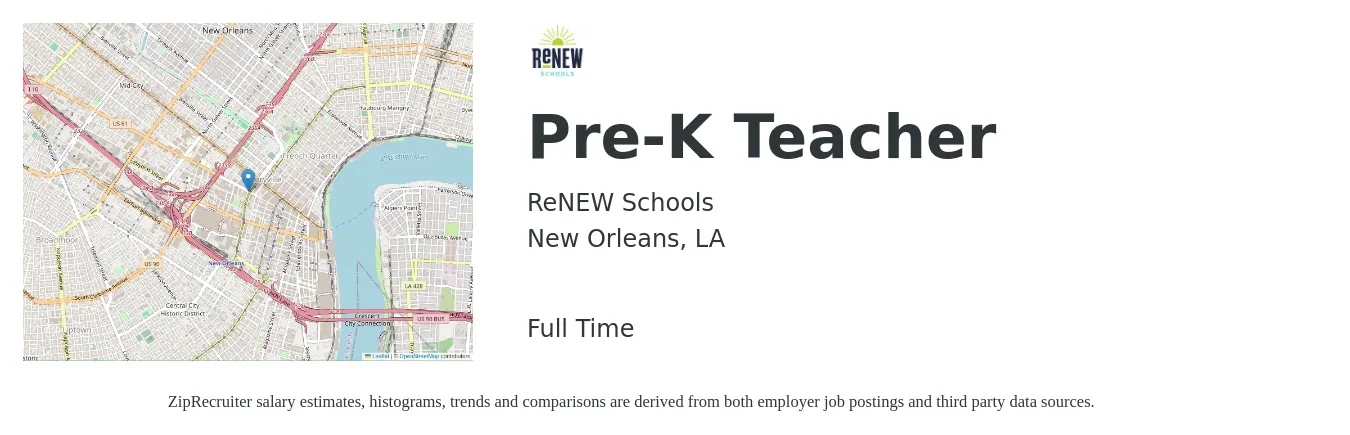 ReNEW Schools job posting for a Pre-K Teacher in New Orleans, LA with a salary of $14 to $19 Hourly with a map of New Orleans location.