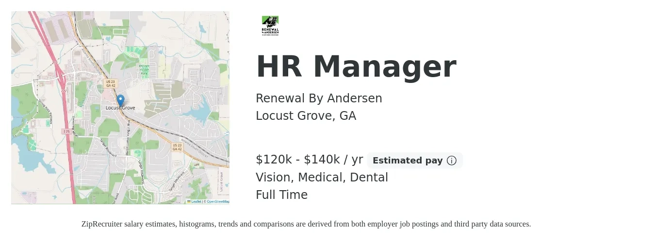 Renewal By Andersen job posting for a HR Manager in Locust Grove, GA with a salary of $120,000 to $140,000 Yearly and benefits including medical, pto, retirement, vision, dental, and life_insurance with a map of Locust Grove location.
