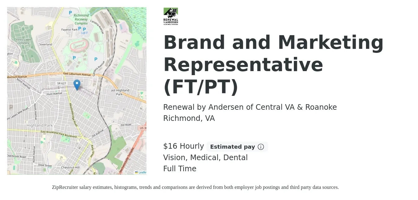 Renewal by Andersen of Central VA & Roanoke job posting for a Brand and Marketing Representative (FT/PT) in Richmond, VA with a salary of $17 Hourly (plus commission) and benefits including retirement, vision, dental, life_insurance, medical, and pto with a map of Richmond location.