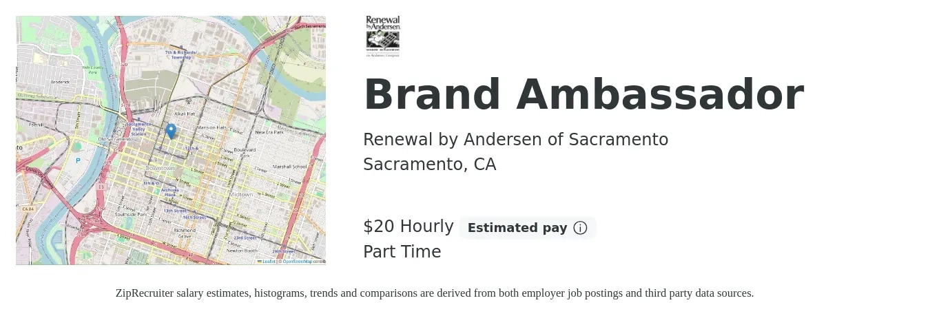 Renewal by Andersen of Sacramento job posting for a Brand Ambassador in Sacramento, CA with a salary of $21 Hourly with a map of Sacramento location.