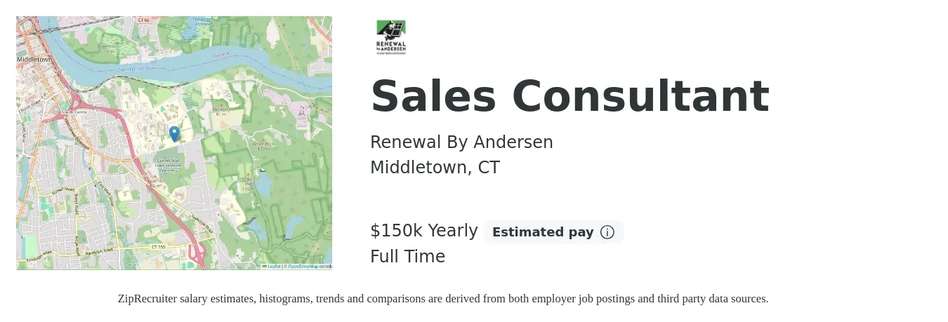 Renewal By Andersen job posting for a Sales Consultant in Middletown, CT with a salary of $150,000 Yearly with a map of Middletown location.