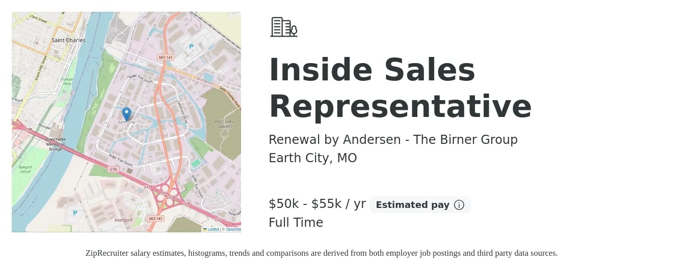 Renewal by Andersen - The Birner Group job posting for a Inside Sales Representative in Earth City, MO with a salary of $50,000 to $55,000 Yearly with a map of Earth City location.