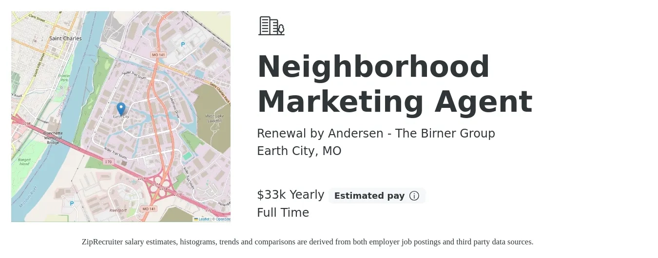 Renewal by Andersen - The Birner Group job posting for a Neighborhood Marketing Agent in Earth City, MO with a salary of $15 to $16 Hourly with a map of Earth City location.