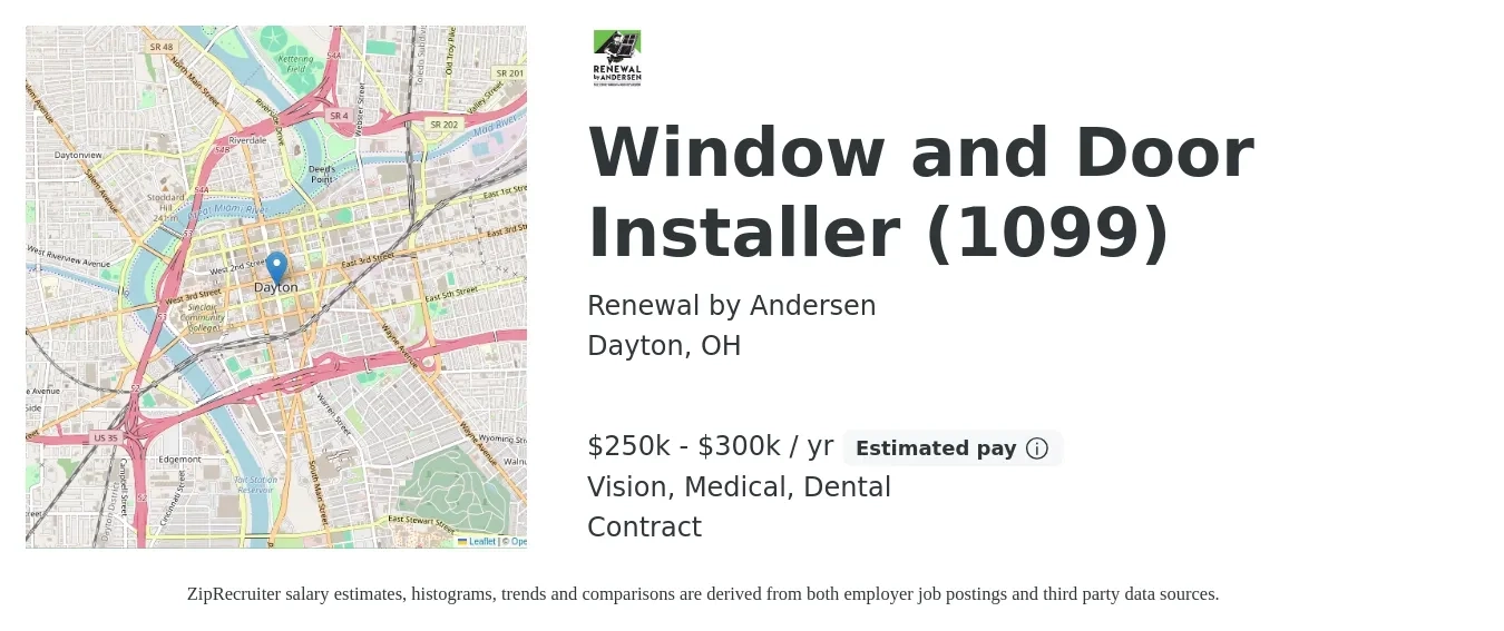 Renewal by Andersen job posting for a Window and Door Installer (1099) in Dayton, OH with a salary of $250,000 to $300,000 Yearly and benefits including vision, dental, life_insurance, medical, and retirement with a map of Dayton location.