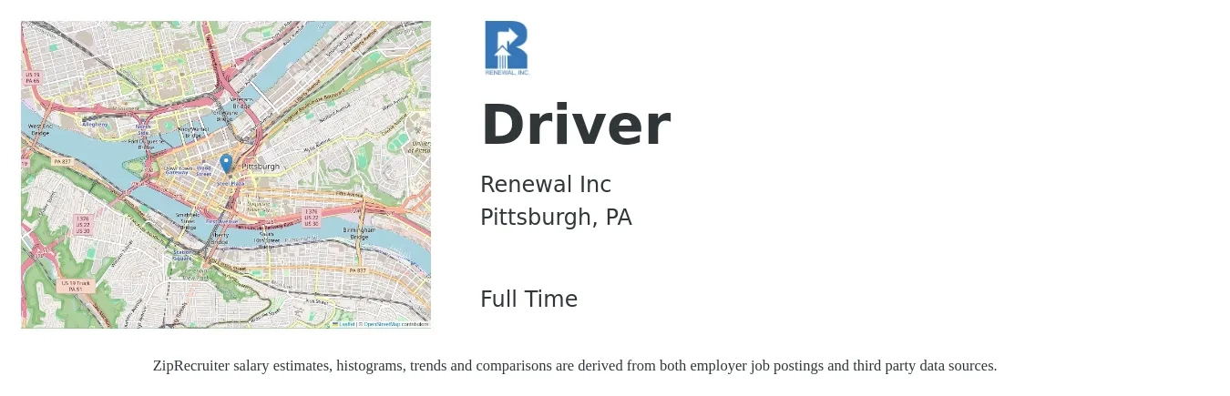 Renewal Inc job posting for a Driver in Pittsburgh, PA with a salary of $14 to $20 Hourly with a map of Pittsburgh location.