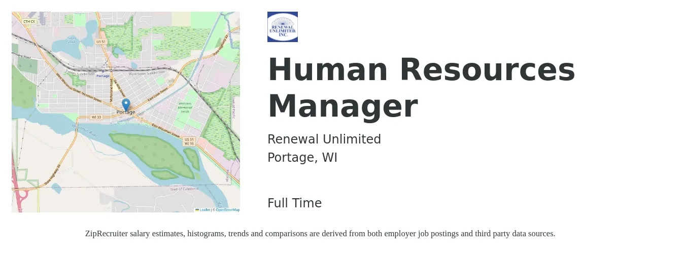 Renewal Unlimited job posting for a Human Resources Manager in Portage, WI with a salary of $57,267 to $63,228 Yearly with a map of Portage location.