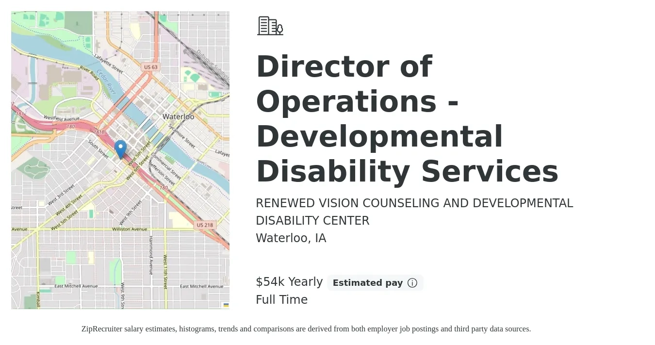 RENEWED VISION COUNSELING AND DEVELOPMENTAL DISABILITY CENTER job posting for a Director of Operations - Developmental Disability Services in Waterloo, IA with a salary of $54,080 Yearly with a map of Waterloo location.