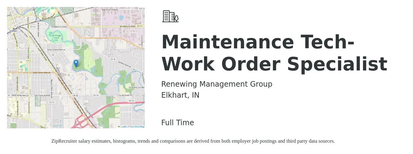 Renewing Management Group job posting for a Maintenance Tech-Work Order Specialist in Elkhart, IN with a salary of $20 to $27 Hourly with a map of Elkhart location.