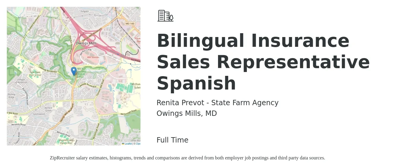 Renita Prevot - State Farm Agency job posting for a Bilingual Insurance Sales Representative Spanish in Owings Mills, MD with a salary of $37,200 to $56,300 Yearly with a map of Owings Mills location.