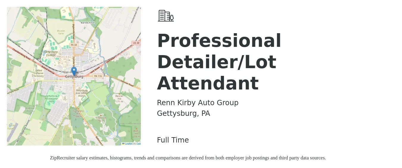 Renn Kirby Auto Group job posting for a Professional Detailer/Lot Attendant in Gettysburg, PA with a salary of $16 to $19 Hourly with a map of Gettysburg location.