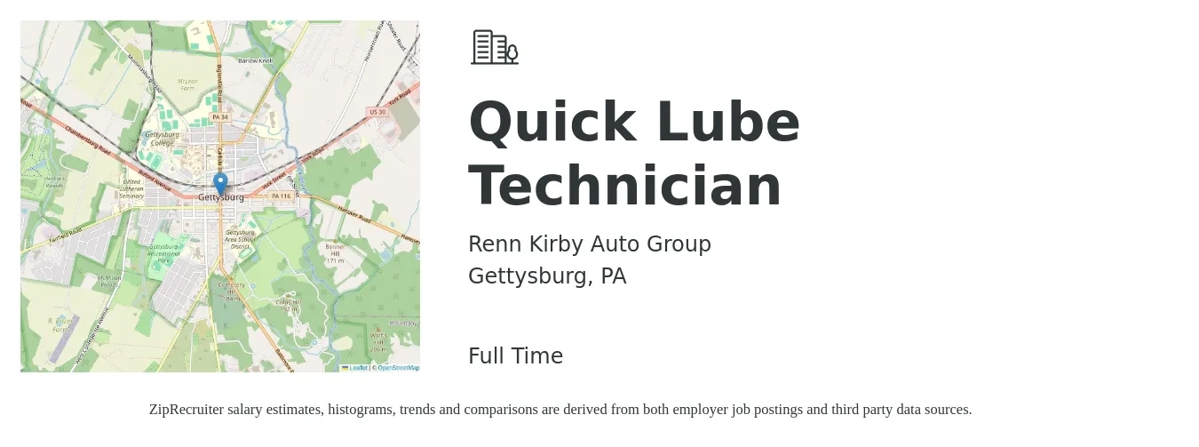 Renn Kirby Auto Group job posting for a Quick Lube Technician in Gettysburg, PA with a salary of $14 to $20 Hourly with a map of Gettysburg location.