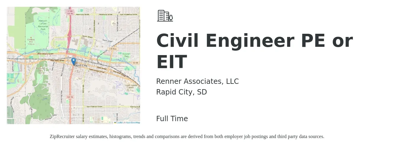 Renner Associates, LLC job posting for a Civil Engineer PE or EIT in Rapid City, SD with a salary of $56,500 to $82,500 Yearly with a map of Rapid City location.