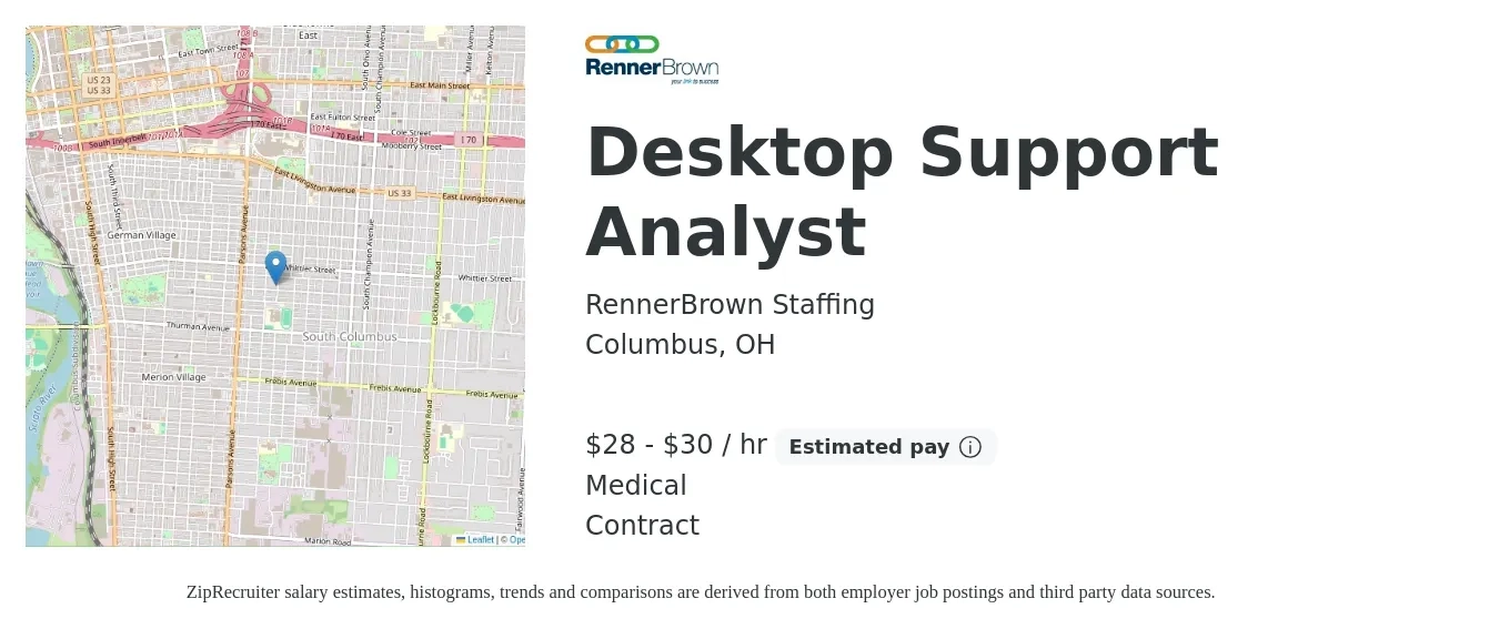 RennerBrown Staffing job posting for a Desktop Support Analyst in Columbus, OH with a salary of $30 to $32 Hourly and benefits including medical with a map of Columbus location.