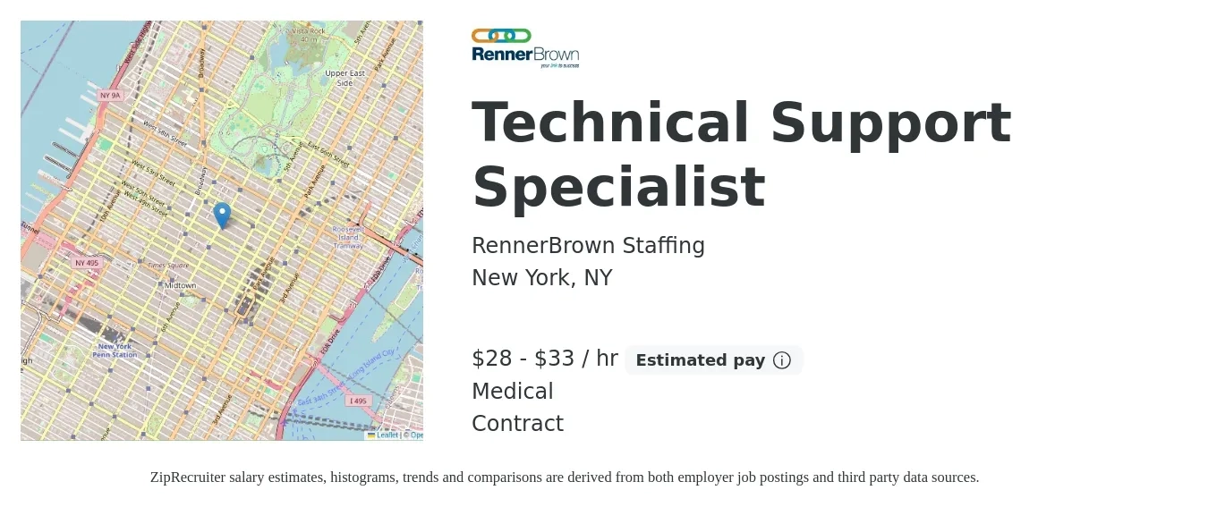 RennerBrown Staffing job posting for a Technical Support Specialist in New York, NY with a salary of $30 to $35 Hourly and benefits including medical with a map of New York location.