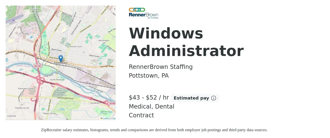 RennerBrown Staffing job posting for a Windows Administrator in Pottstown, PA with a salary of $45 to $55 Hourly and benefits including dental, and medical with a map of Pottstown location.