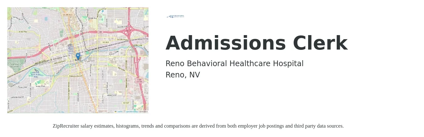 Reno Behavioral Healthcare Hospital job posting for a Admissions Clerk in Reno, NV with a salary of $17 to $20 Hourly with a map of Reno location.