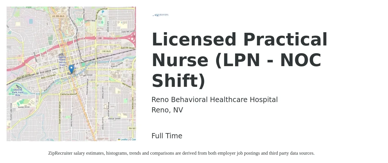 Reno Behavioral Healthcare Hospital job posting for a Licensed Practical Nurse (LPN - NOC Shift) in Reno, NV with a salary of $26 to $35 Hourly with a map of Reno location.