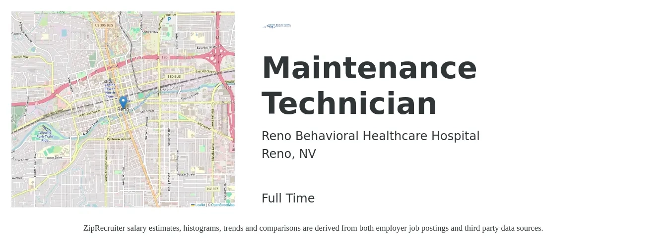 Reno Behavioral Healthcare Hospital job posting for a Maintenance Technician in Reno, NV with a salary of $19 to $27 Hourly with a map of Reno location.