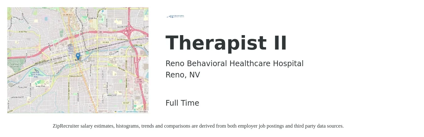 Reno Behavioral Healthcare Hospital job posting for a Therapist II in Reno, NV with a salary of $51,800 to $71,800 Yearly with a map of Reno location.