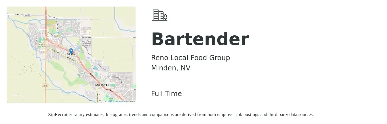 Reno Local Food Group job posting for a Bartender in Minden, NV with a salary of $10 to $19 Hourly with a map of Minden location.