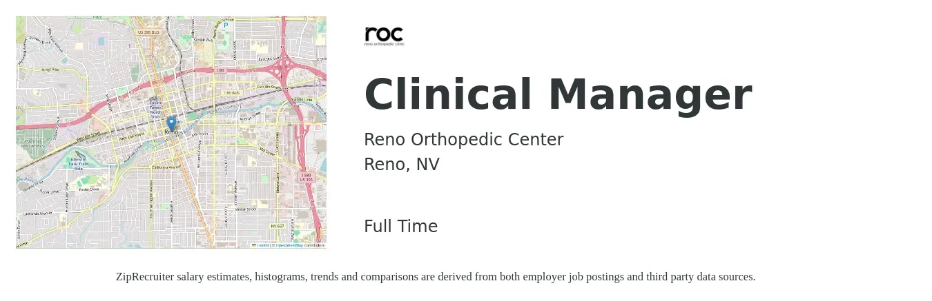Reno Orthopedic Center job posting for a Clinical Manager in Reno, NV with a salary of $63,800 to $88,200 Yearly with a map of Reno location.
