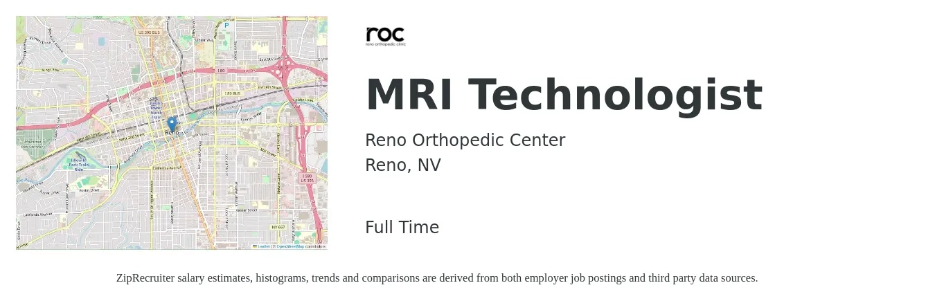 Reno Orthopedic Center job posting for a MRI Technologist in Reno, NV with a salary of $1,670 to $2,690 Weekly with a map of Reno location.