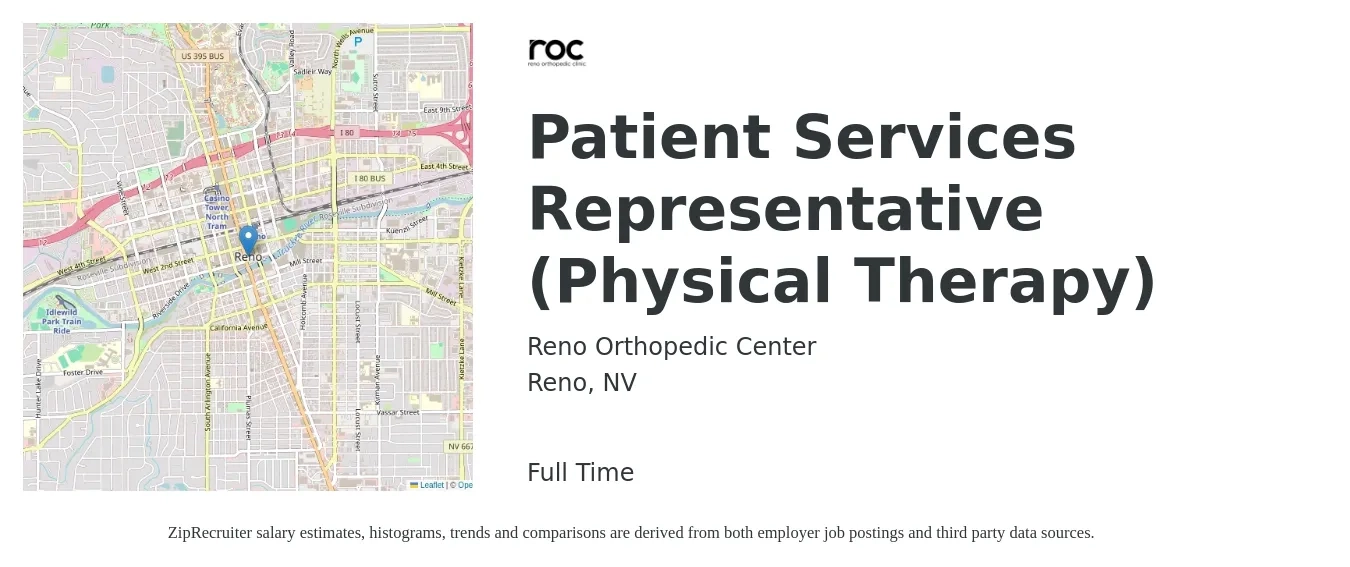 Reno Orthopedic Center job posting for a Patient Services Representative (Physical Therapy) in Reno, NV with a salary of $18 to $22 Hourly with a map of Reno location.