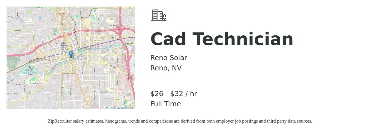 Reno Solar job posting for a Cad Technician in Reno, NV with a salary of $28 to $34 Hourly with a map of Reno location.