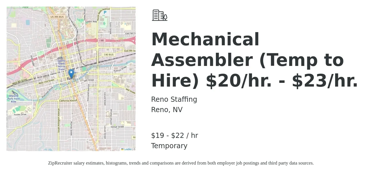 Reno Staffing job posting for a Mechanical Assembler (Temp to Hire) $20/hr. - $23/hr. in Reno, NV with a salary of $20 to $23 Hourly with a map of Reno location.
