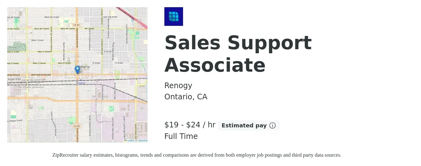 Renogy job posting for a Sales Support Associate in Ontario, CA with a salary of $20 to $25 Hourly with a map of Ontario location.