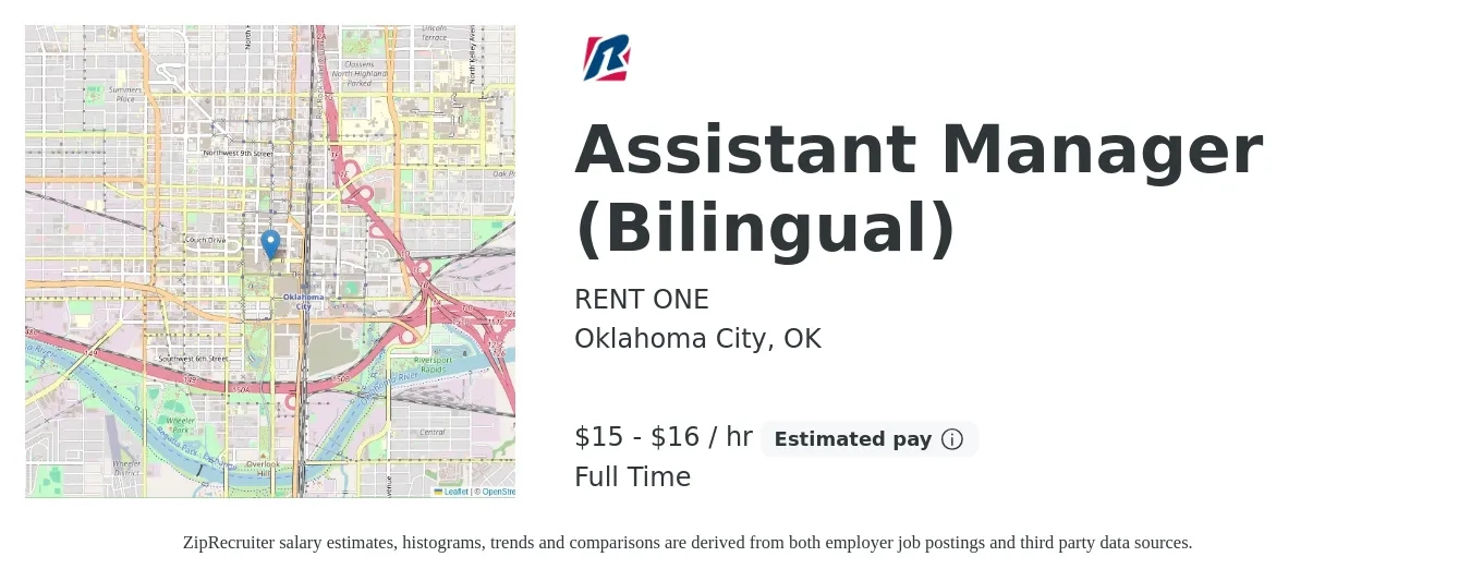 RENT ONE job posting for a Assistant Manager (Bilingual) in Oklahoma City, OK with a salary of $16 to $17 Hourly with a map of Oklahoma City location.