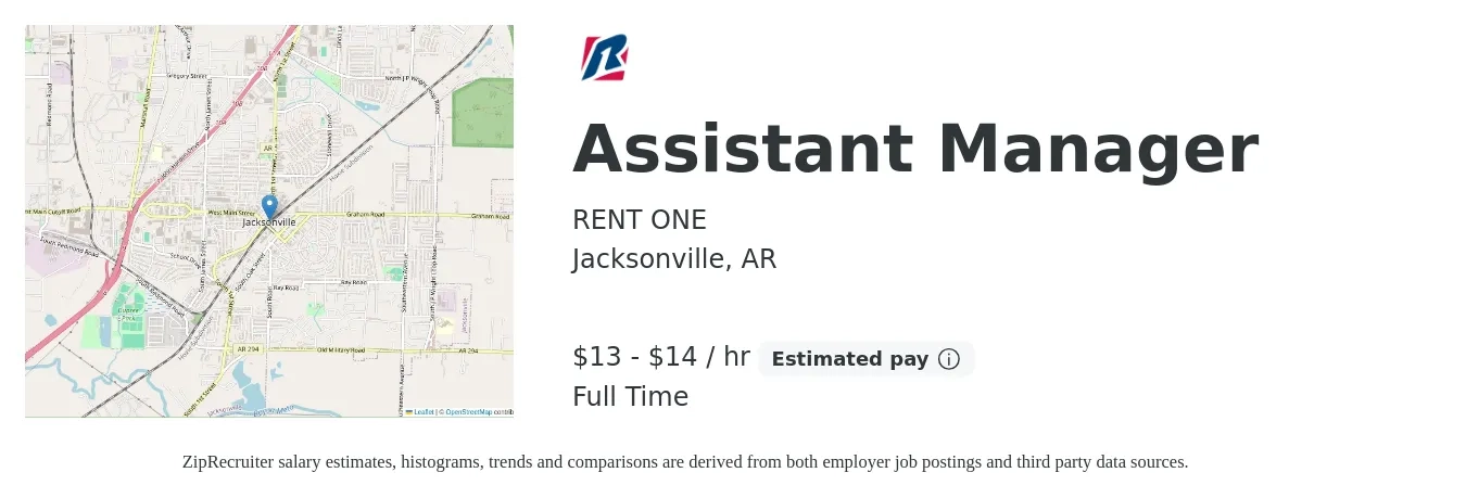 RENT ONE job posting for a Assistant Manager in Jacksonville, AR with a salary of $14 to $15 Hourly with a map of Jacksonville location.