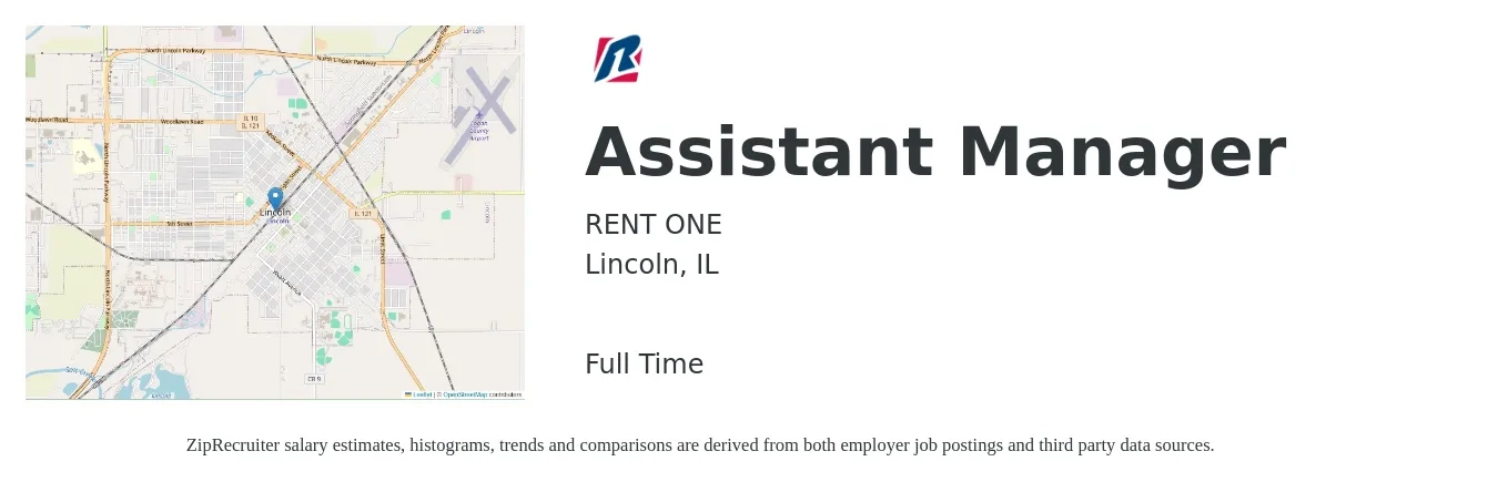 RENT ONE job posting for a Assistant Manager in Lincoln, IL with a salary of $16 to $22 Hourly with a map of Lincoln location.