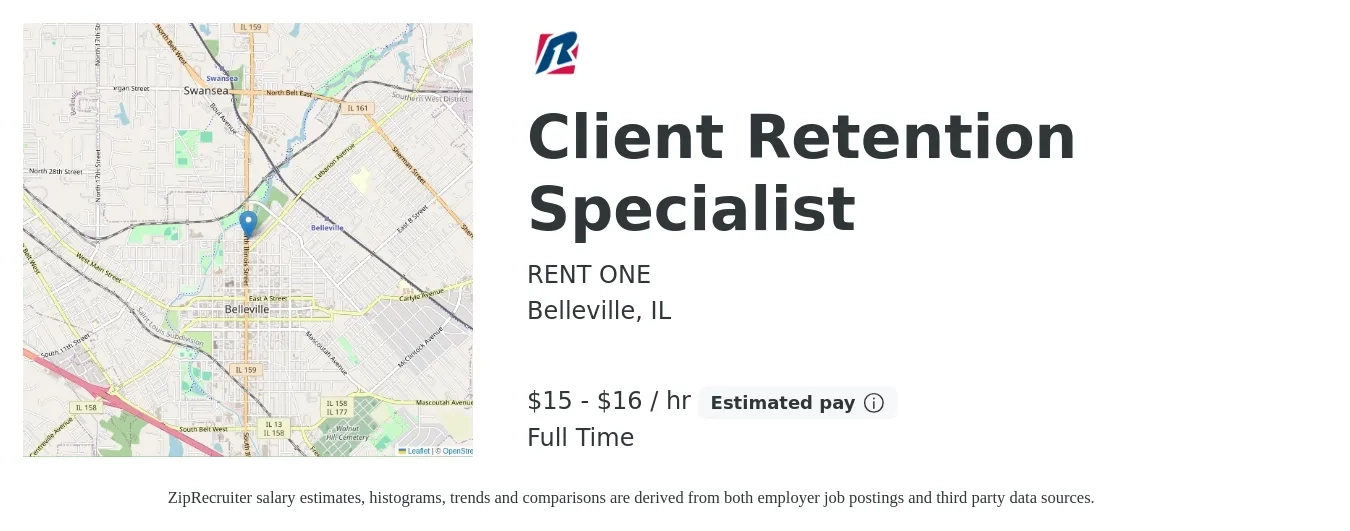 RENT ONE job posting for a Client Retention Specialist in Belleville, IL with a salary of $16 to $17 Hourly with a map of Belleville location.