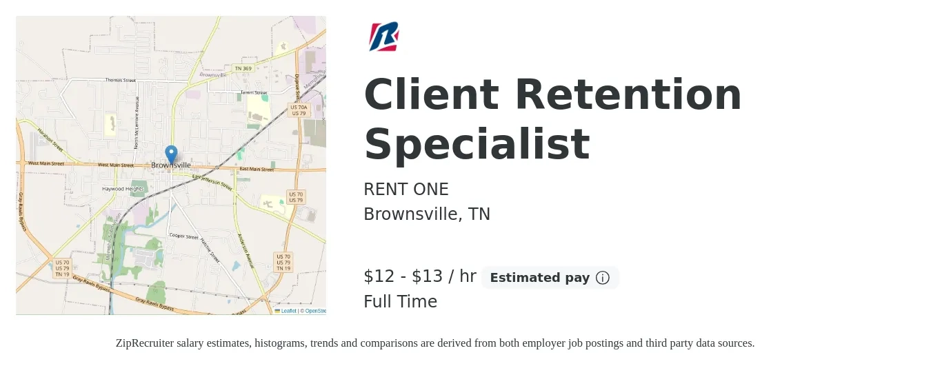 RENT ONE job posting for a Client Retention Specialist in Brownsville, TN with a salary of $13 to $14 Hourly with a map of Brownsville location.