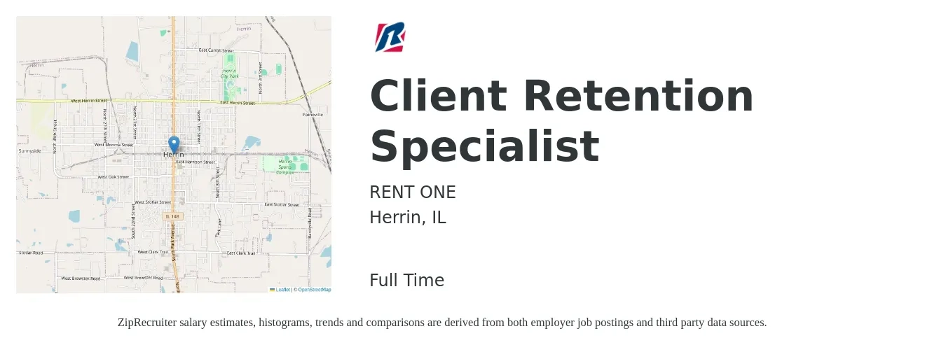 RENT ONE job posting for a Client Retention Specialist in Herrin, IL with a salary of $15 to $16 Hourly with a map of Herrin location.