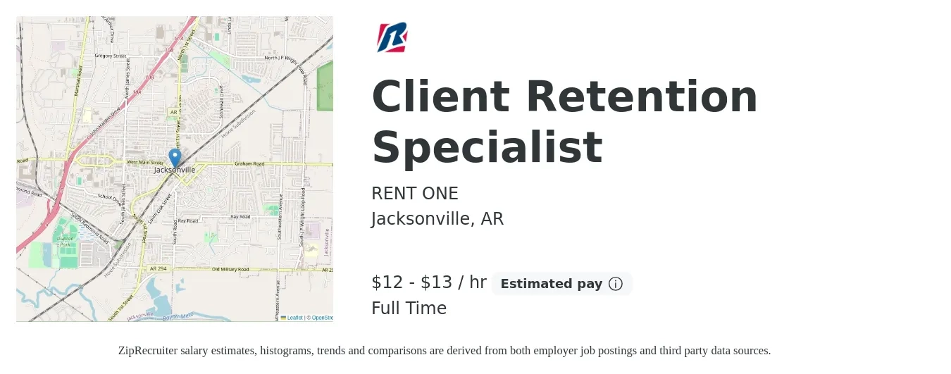 RENT ONE job posting for a Client Retention Specialist in Jacksonville, AR with a salary of $13 to $18 Hourly with a map of Jacksonville location.