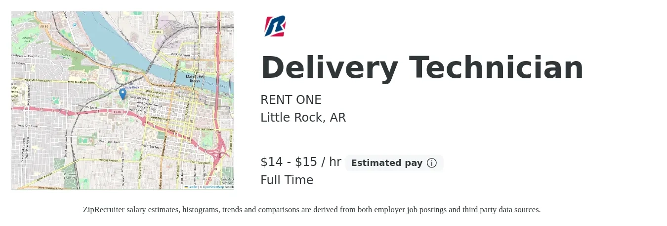RENT ONE job posting for a Delivery Technician in Little Rock, AR with a salary of $15 to $16 Hourly with a map of Little Rock location.