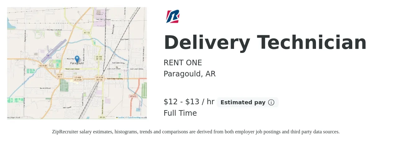 RENT ONE job posting for a Delivery Technician in Paragould, AR with a salary of $14 to $14 Hourly with a map of Paragould location.