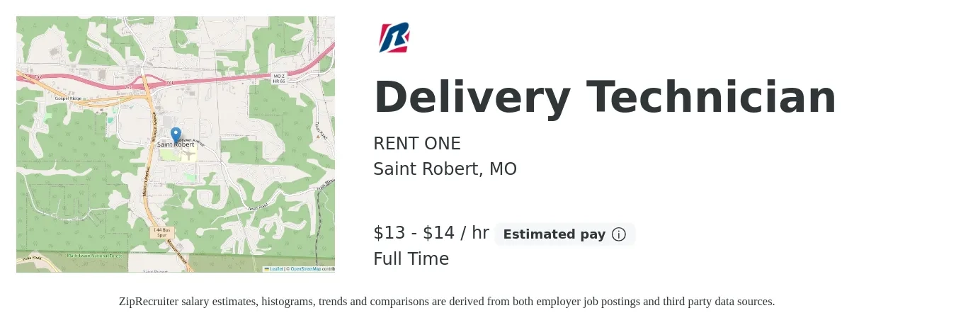 RENT ONE job posting for a Delivery Technician in Saint Robert, MO with a salary of $14 to $15 Hourly with a map of Saint Robert location.