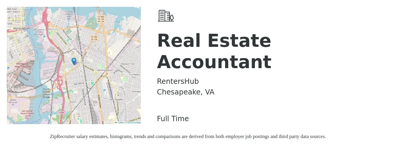 RentersHub job posting for a Real Estate Accountant in Chesapeake, VA with a salary of $46,000 to $55,000 Yearly with a map of Chesapeake location.