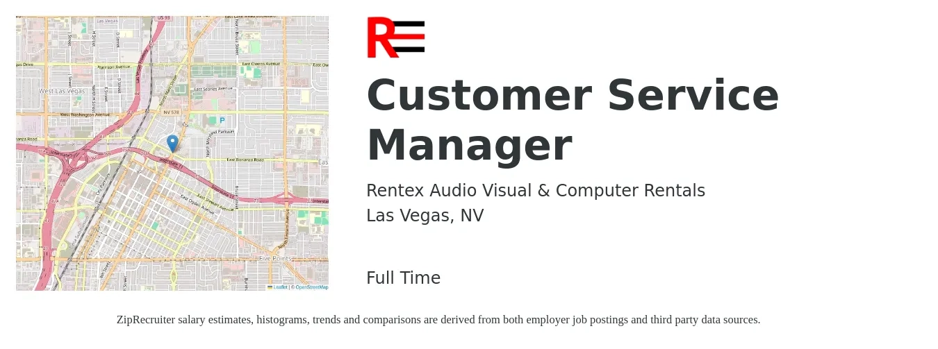 Rentex Audio Visual & Computer Rentals job posting for a Customer Service Manager in Las Vegas, NV with a salary of $39,200 to $66,900 Yearly with a map of Las Vegas location.