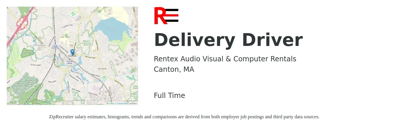 Rentex Audio Visual & Computer Rentals job posting for a Delivery Driver in Canton, MA with a salary of $18 to $22 Hourly with a map of Canton location.