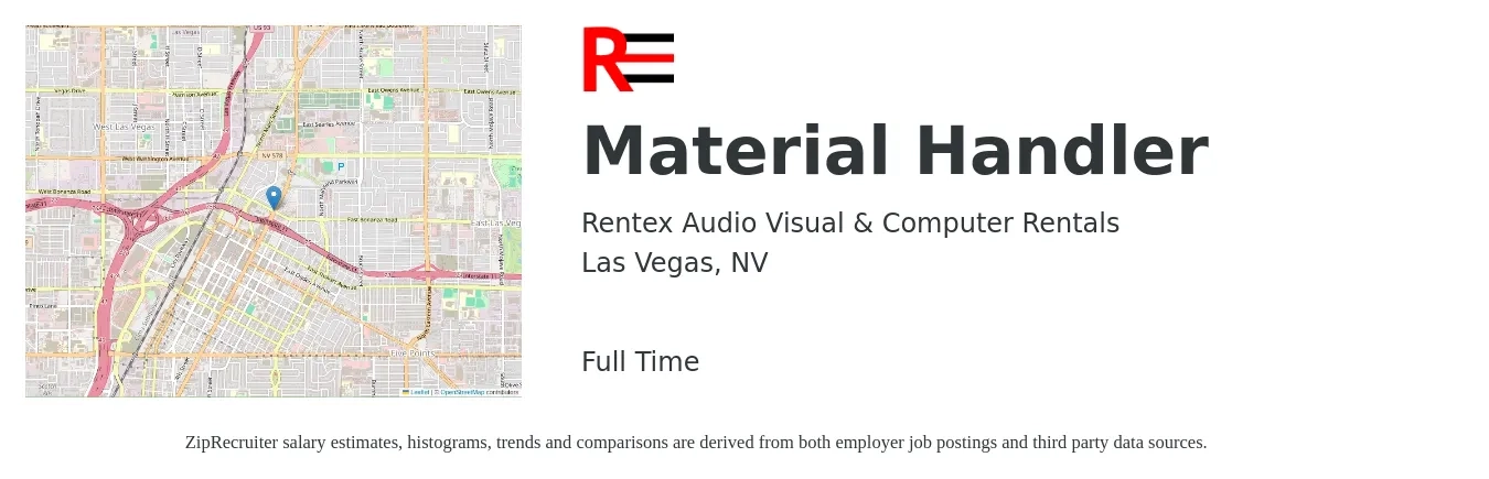 Rentex Audio Visual & Computer Rentals job posting for a Material Handler in Las Vegas, NV with a salary of $16 to $19 Hourly with a map of Las Vegas location.