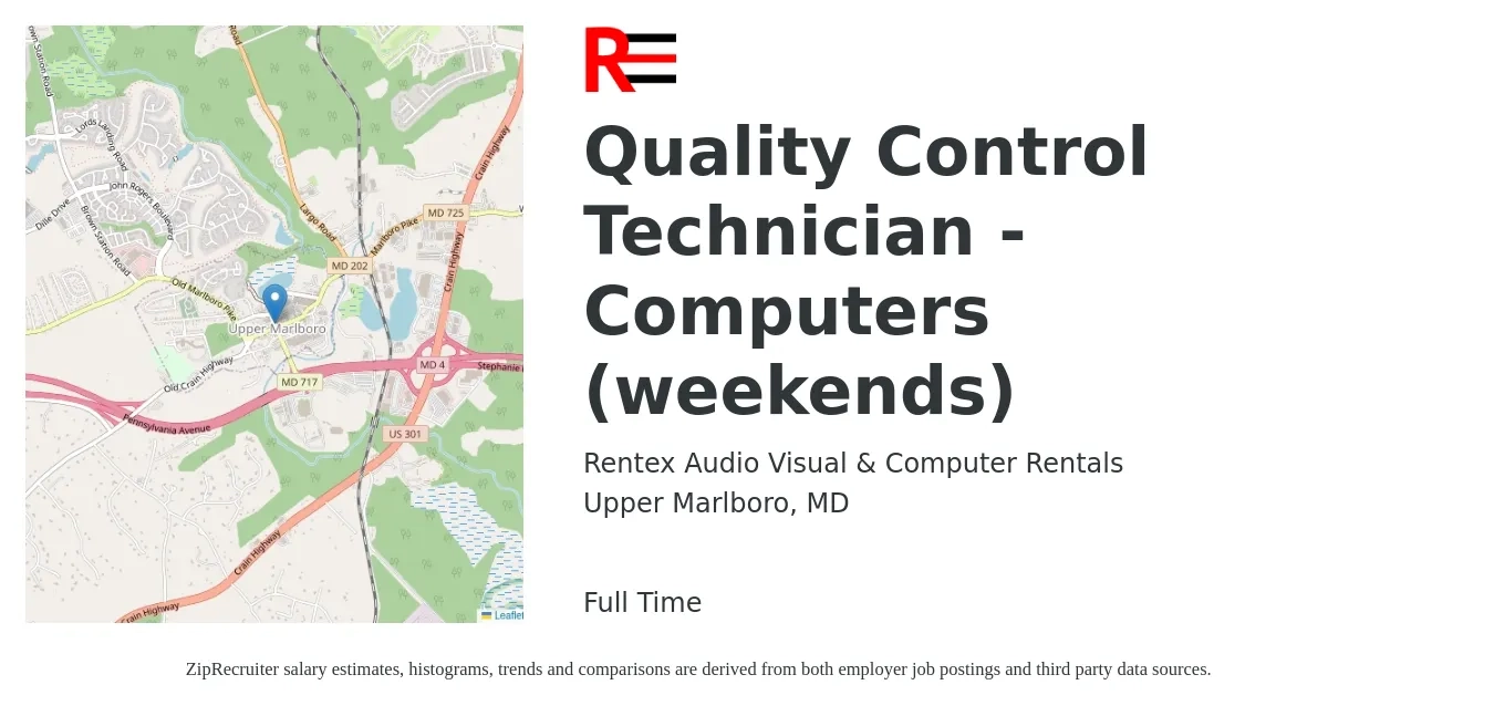 Rentex Audio Visual & Computer Rentals job posting for a Quality Control Technician - Computers (weekends) in Upper Marlboro, MD with a salary of $18 to $24 Hourly with a map of Upper Marlboro location.