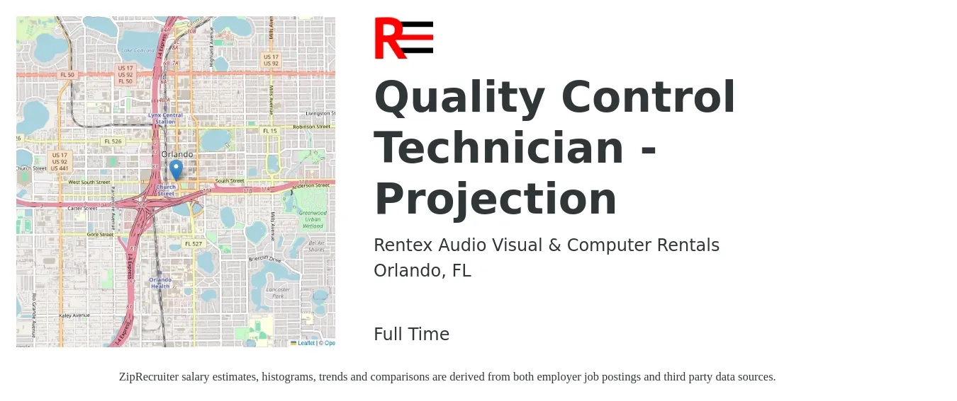 Rentex Audio Visual & Computer Rentals job posting for a Quality Control Technician - Projection in Orlando, FL with a salary of $18 to $22 Hourly with a map of Orlando location.
