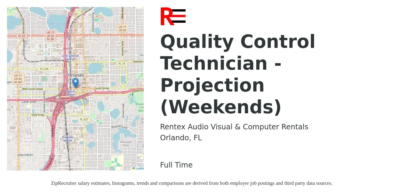 Rentex Audio Visual & Computer Rentals job posting for a Quality Control Technician - Projection (Weekends) in Orlando, FL with a salary of $18 to $22 Hourly with a map of Orlando location.