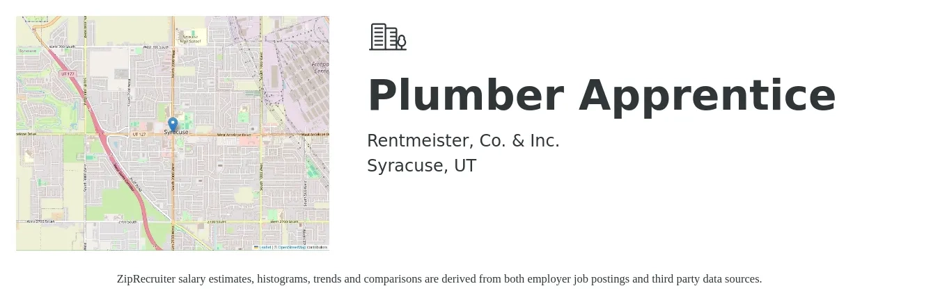 Rentmeister, Co. & Inc. job posting for a Plumber Apprentice in Syracuse, UT with a salary of $16 to $22 Hourly with a map of Syracuse location.
